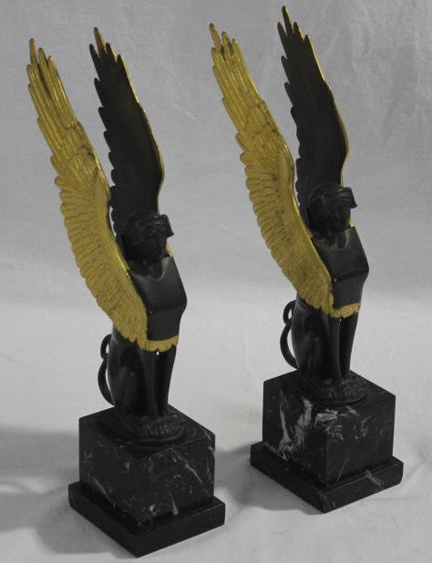 Pair Peter Bazzanti Egyptian Revival Sphinxes: Gilded & Patinated Bronze on statue marble bases. Marked on undersides of bases. Estate of Warren Dieter Zander. Height 15 inches. Base is 4 by 3.5 inches.