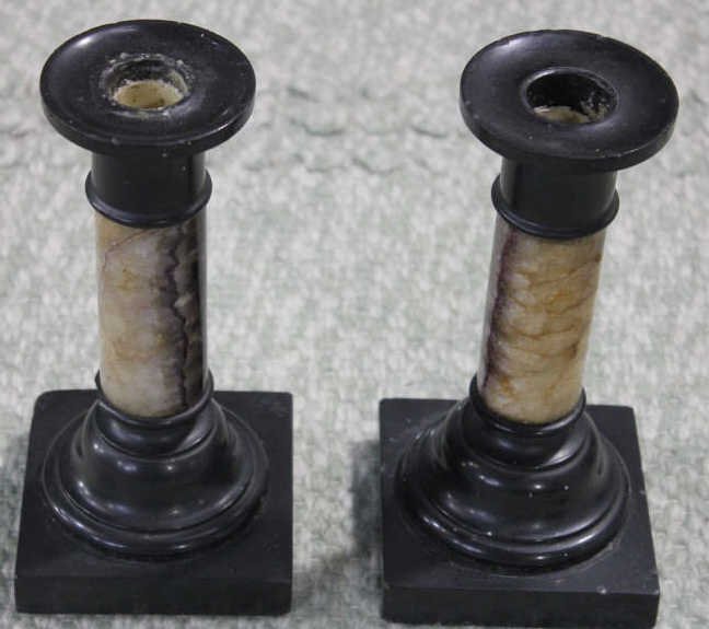 Pair Antique Amethyst Crystal Marble Candlesticks: Height 8 inches. Estate of Warren Dieter Zander.