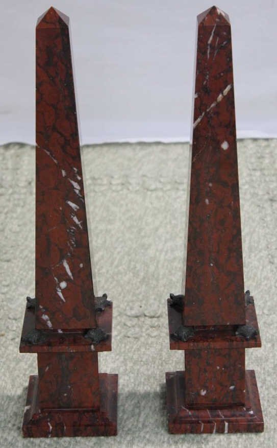 Pair Rouge Marble & Bronze Neo Classical Obelisks: Height 20 inches. Estate of Warren Dieter Zander.