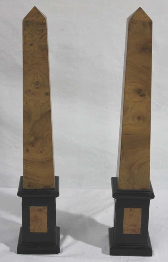 Pair French Empire Style Burled Wood Obelisks: Height 19 inches. Estate of Warren Dieter Zander.