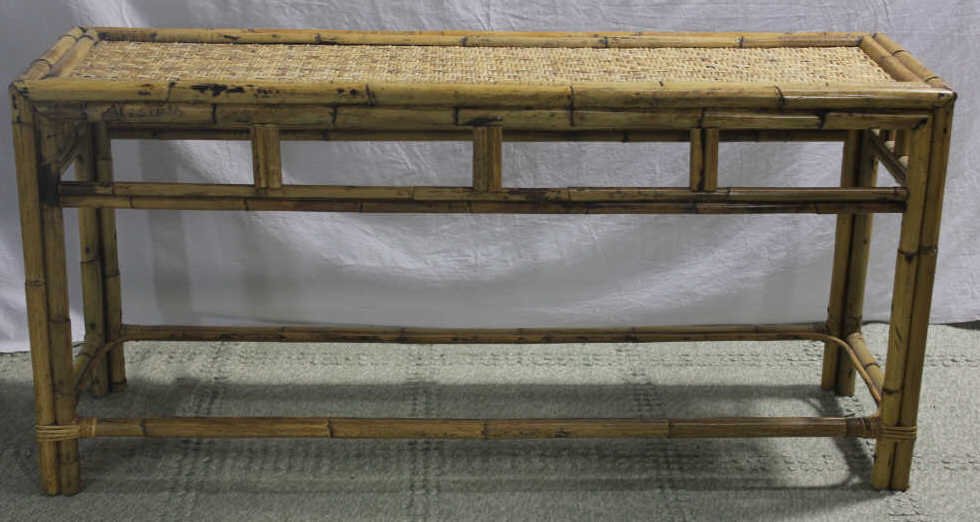 Vintage Chinese Style Bamboo Console Table: Height 29 inches. Length 60 inches. Depth 18 inches. Estate of Warren Dieter Zander.