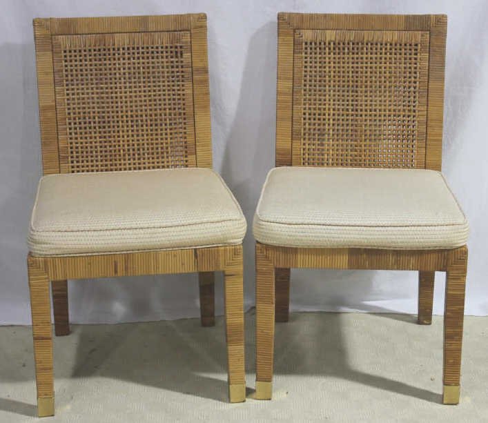 Pair Contemporary Modern Rattan Side Chairs: Height 36 inches. Width 18 inches. Depth 19 inches. Estate of Warren Dieter Zander.