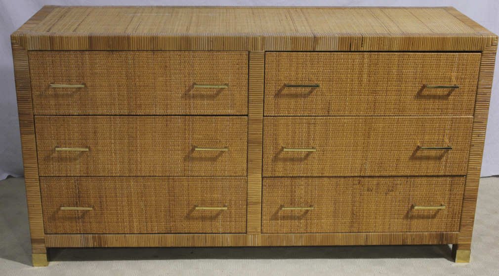 Contemporary Modern Rattan Six Drawer Dresser: Height 32 inches. Width 59 inches. Depth 20 inches. Estate of Warren Dieter Zander.