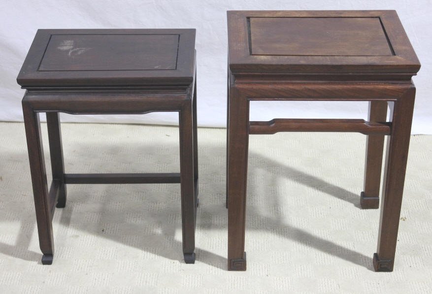 Two Chinese Carved Hardwood Tables: Larger: Height 20 inches. Width 12 inches. Length 15 inches. Estate of Warren Dieter Zander.