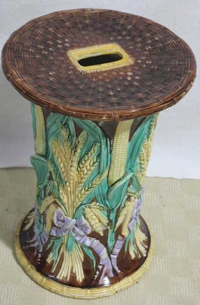 Magolica Pottery Corn Motiff Pedestal: Height 19 inches. Diameter of top 13 inches. Estate of Warren Dieter Zander.