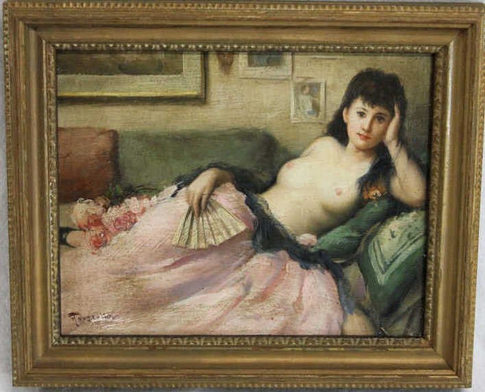 Study of a Female Nude on Board Signed: Property of a NYC Estate. Oil on board. Signed Illegibly lower left. Framed 10 inches by 8 inches.