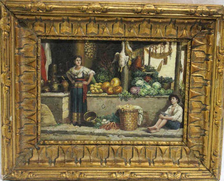 Oil Painting on Board Market Scene: Property of a NYC Estate. Measures 25 inches by 20 inches framed