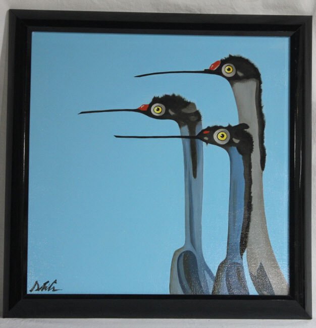 Contemporary Painting By Warren Dieter Zander: Estate of Warren Dieter Zander. 3 cranes in black lacquer frame. measures 23 inches by 23 inches.
