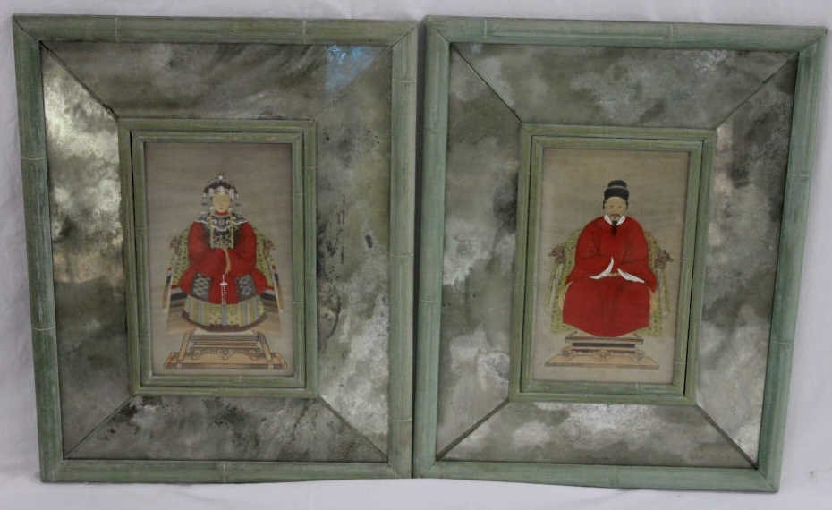 Pair Antique Chinese Emperor & Empress Paintings: Measures 19.5" x 15.5" Framed