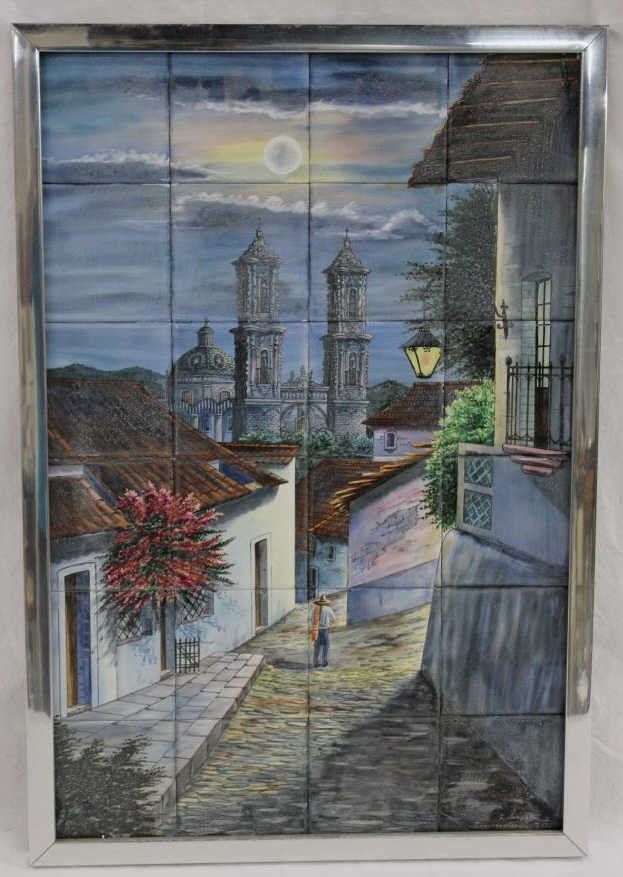 Vintage Hand Painted Mexican Tile Plaque Lopez: Street Scene with Cathedral Framed Height 27" Width 18"