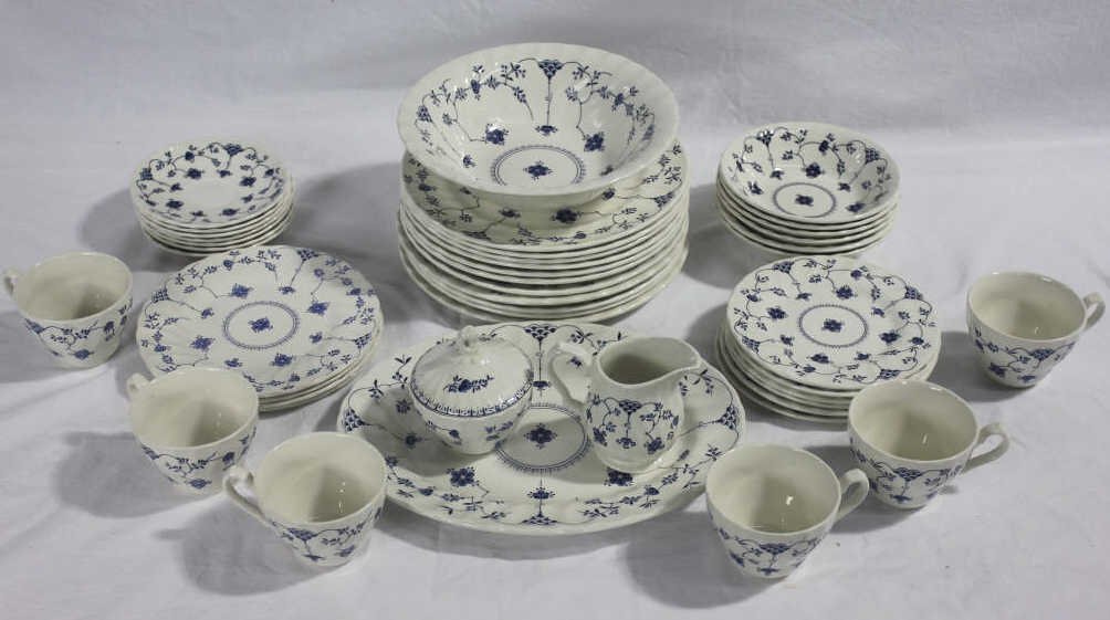 Staffordshire England Blue Onion Dinner Service: Churchill made in Staffordshire England. 11 Dinner plates, 6 Bowls, 4 Salad Plates, 6 Dessert Plates, 6 Cups, 6 Saucers, Sugar & Creamer, Large Serving bowl, Serving Platter. Diameter of Plates 10 inc