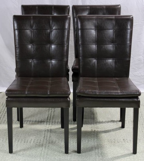 Set of 4 Contemporary Modern Leather Side Chairs: Property of a Bedford NY Estate. With Tufted Seats & Backs Height 39 inches. Width 19 inches. Depth 21inches.