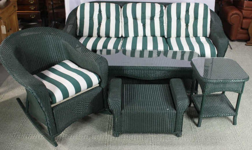 Contemporary Wicker Five Piece Wicker Patio Set: Property of a Bedford NY Estate. Table w/ glass tops.