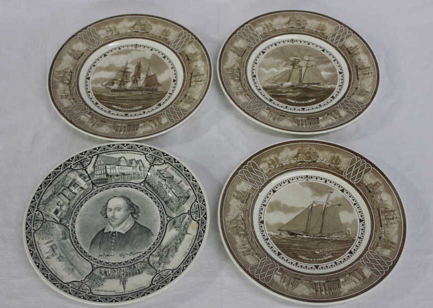 American Sailing Ship & Copeland Spode Shakespeare: Property of a Larchmont NY Estate. The American Sailing ship plates including Raven, Rousseau, America. Copeland Spode England Shakespearean festival. Diameter 10 inches.