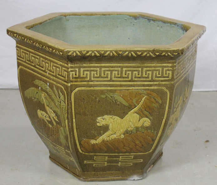 Large Antique Majolica Planter Pot: Height 18". Diameter 20"