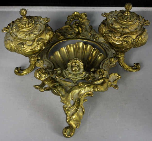 Antique Gilt Bronze Large Scale Double Inkwell: Height 5" Length 11" Width 9"