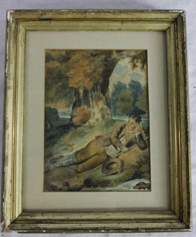 Antique Early American Primitive Painting: Antique watercolor portrait of a man in landscape, held in an old lemon gilt frame. 11.5" x 10"