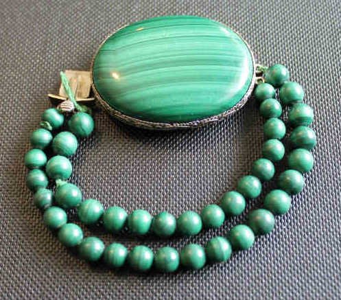 Vintage Malachite & Silver Filigree Bracelet: Length 6.5 inches. Having a double strand of beads with large oval clasp. Property of a Wilton CT Estate.