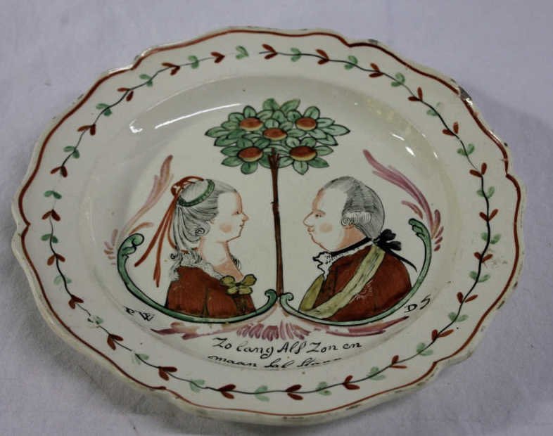 Antique Dutch Creamware Portrait Plate: Property of a Manhattan Estate. Hand painted portraits King & Queen of Orange. Diameter 9.5 inches.