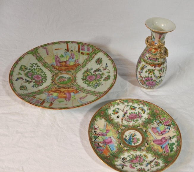 Three Chinese Export Rose Medallion Plates/Vase: The smaller plate(diameter 8.5 inches) and vase (height - 8 inches) are 19th C. the larger charger (diameter 13 inches) is 20th C. marked "made in China"