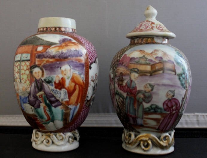 2 Antique Chinese Export Porcelain Ginger Jars: Height 5.5 inches. Figural decor one missing the lid. Property of a private collection same family for three generations.