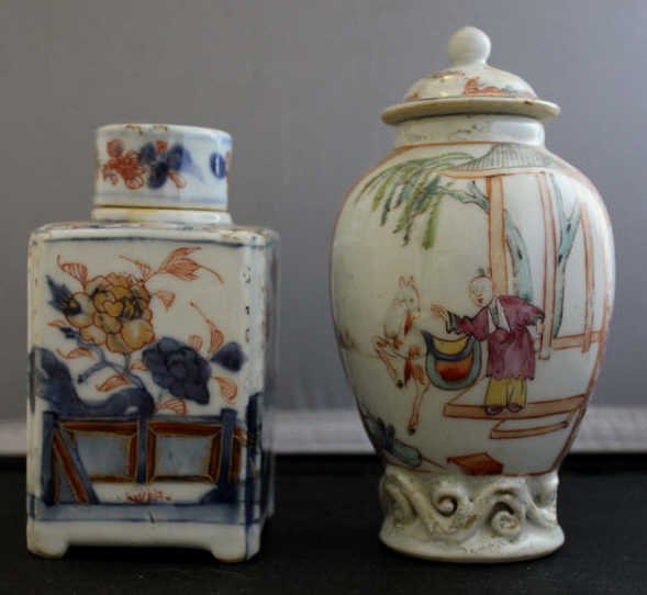 Antique Chinese Export Porcelain Jar & Tea Caddy: Ginger Jar 5.5 inches in height. The covered jar with figural decor the tea caddy with flowering branch decor. Property of a private collection same family for three generations.