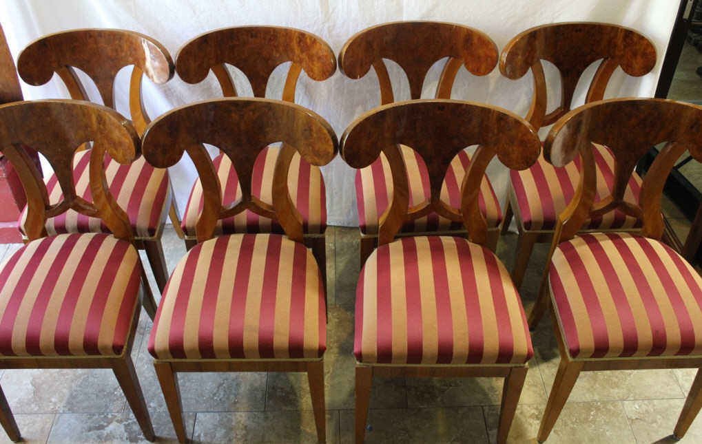 Set of 8 Antique Biedermeier Dining Chairs: Having exaggerated scroll cut backs upholstered seats on four saber legs. Property of a Scarsdale NY Estate. Height 36. Width 21. Diameter 18.