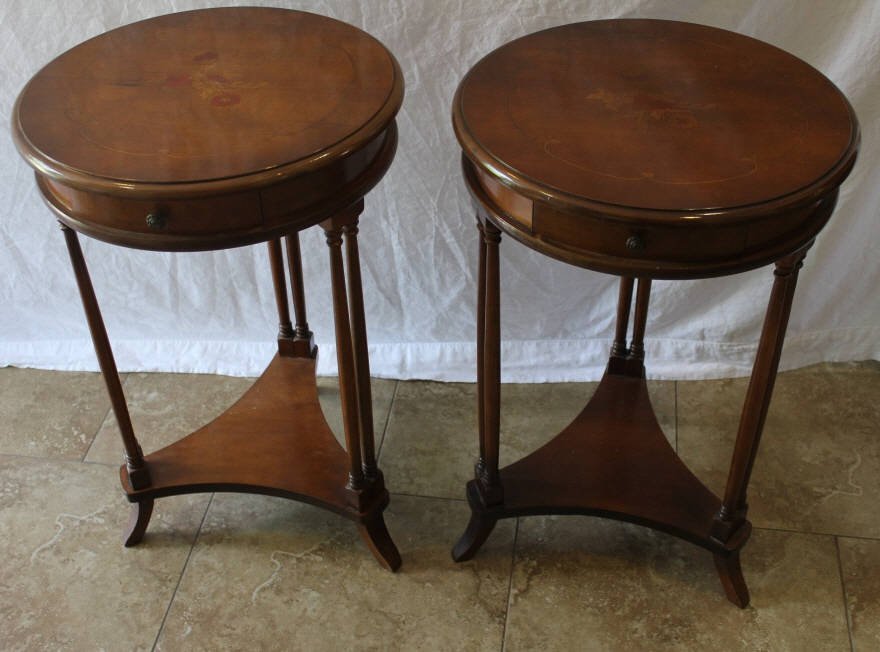 Pair Custom Circular Biedermeier / Empire Tables: Round with floral inlay tops three legs joined by a base shelf. Height 27 inches. Diameter 17 inches. Property of a Scarsdale NY Estate.