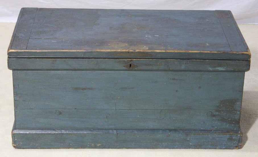 Antique Continental Painted Blanket Chest Trunk: Distressed blue painted finish. Height 16 inches. Length 34.5 inches Width 17.5 inches. Property of a Mamaroneck NY Estate.
