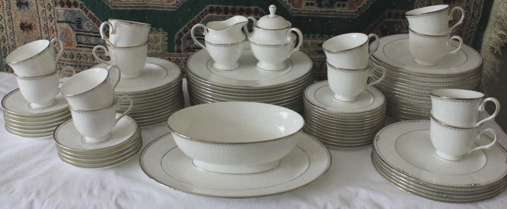 Classics Collection Lennox Full Dinner Service: 12 Dinner Plates 12 Saucers 12 Cups 12 Bread Plates Sugar & Creamer 12 Salad Plates 13 Soup Bowls 5 Luncheon Plates 1 Serving Bowl & 1 Serving Platter. Property of a Mamaroneck NY Estate.