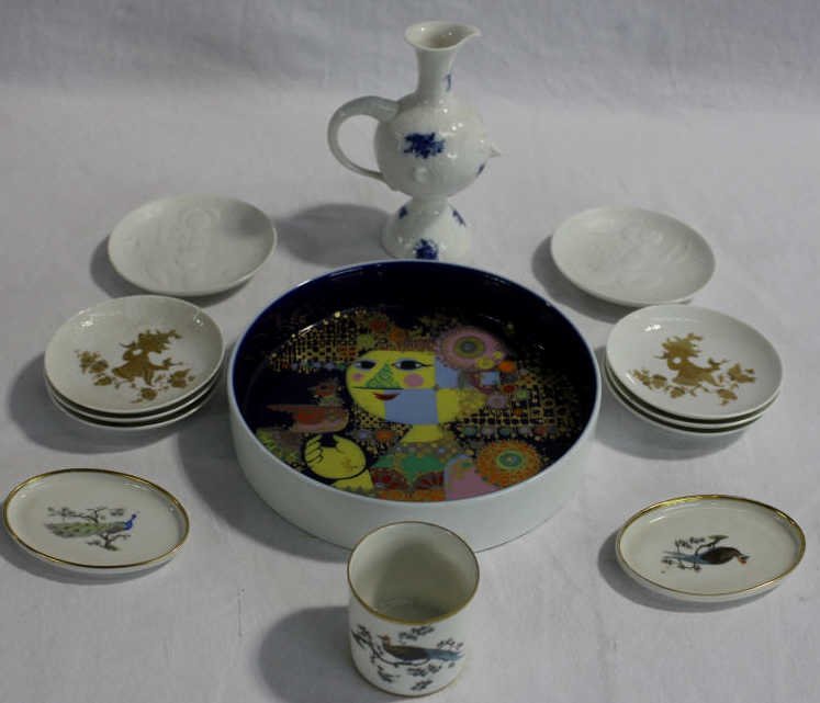 Assorted Rosenthal Bjorn Wiinblad Porcelain: Property of a Mamaroneck NY Estate. Diameter of largest 7.5 inches.