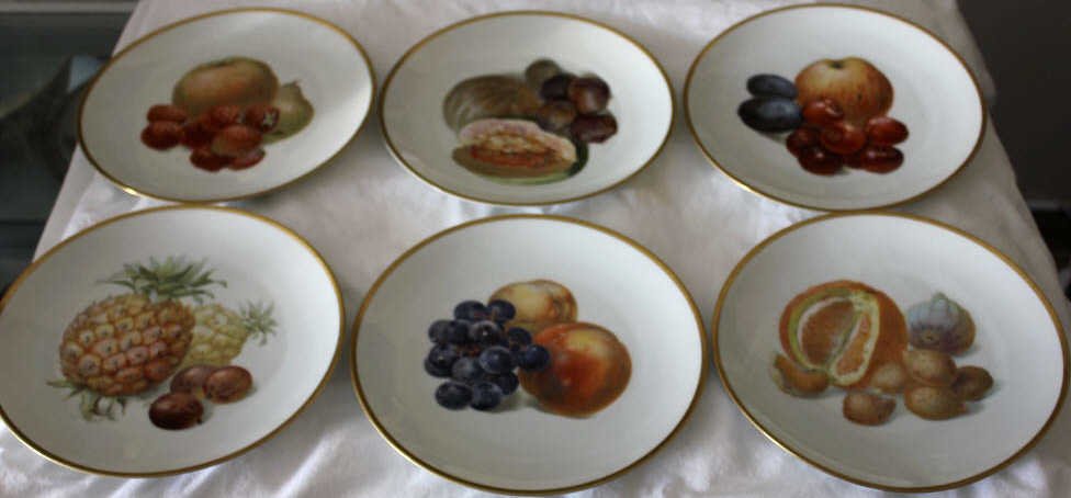 Set of 6 Bavarian Fruit Scene Dessert Plates: Diameter 8.5 inches hand painted decor of furits each plate unique gold rims. Property of a Scarsdale NY Estate.