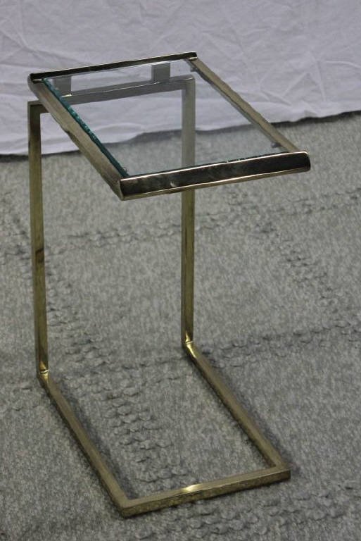Contemporary Modern Metal Frame & Glass End Table: Height 20 inches. Width 10 inches. Length 16.5 inches. Property of a Bedford NY Home.