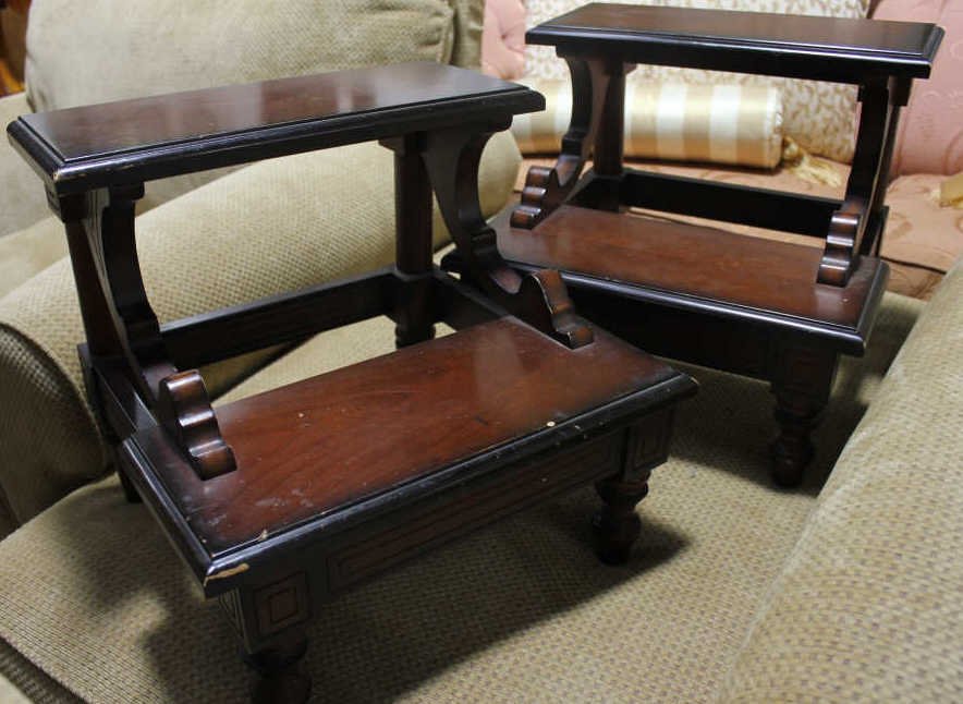 Pair Mahogany Vintage Step Stools: Height 15.5 inches Length 17.5 inches. Depth 16 inches. Property of a Bedford NY Home.