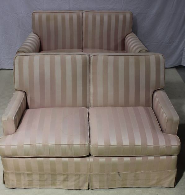 Matched Set Vintage Upholstered Settees: Larger Measures: Height 33 inches. Depth 30 inches. Length 53 inches. Property of a Bedford NY Home.