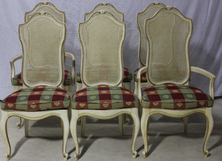 6 Mid Century French Provencal Dining Chairs: Height 42 inches. Width 19 inches. Depth 18 inches. Property of a Bedford Hills NY Home.