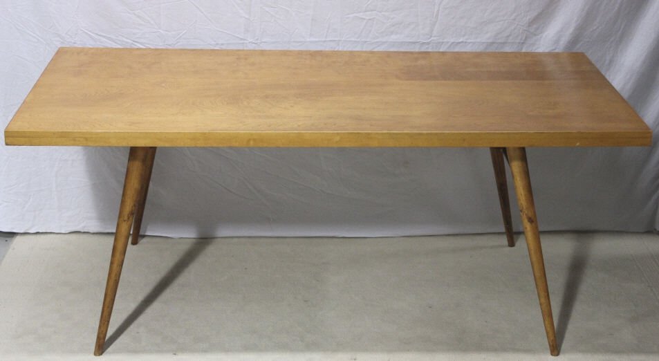 Vintage Paul McCobb Dining Table & Chairs: Mid century. Clearly marked on Underside of the table. Includes 6 spindle back chairs the rectangular top table supported on four round tapered legs. Height of table 29 inches. Length 72 inches. Width