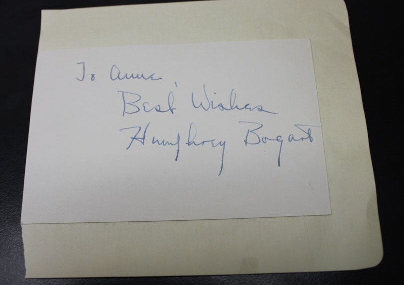 Inscribed Humphrey Bogart Autograph Signature: Measures 4.5 by 6 inches. From the descendant of the original owner.