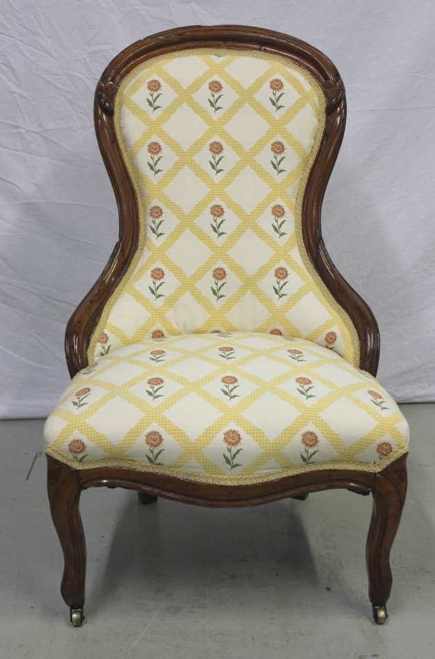 Antique Victorian Carved Slipper Chair: Newly Upholstered. Property of a Bedford Hills NY Home.