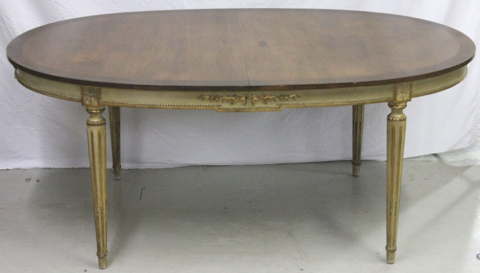Antique Louis XVI Style Dining Table: Hand Carved Hand Painted & Banded Wood Top. Includes 2 Leaves. Height 30 inches. Length 72 inches. Width 46 inches. Each Leaf Measures 18 inches in Depth. Property of the Gulbenkian estate Pelham NY.