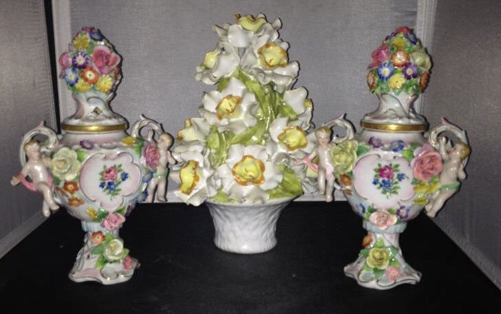 Antique German & Italian Porcelain Articles: Pair of Urns & Statue. Tallest 8.5 inches. Property of the Gulbenkian estate Pelham NY.