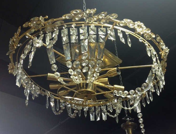 Contemporary Modern Crystal Chandelier: Diameter 26 inches. Property of a Monticello NY Estate. Crystals need to be reattached we have a bag that will be included.