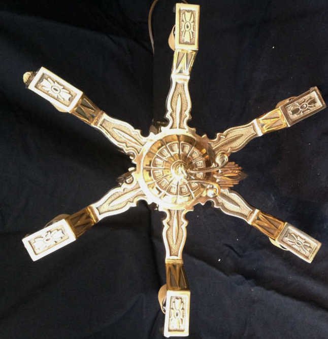 Antique Art Deco Gilt Bronze Chandelier: Height 20 inches. Diameter 16 inches.