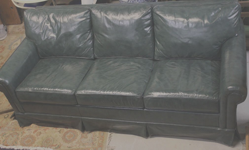 Craftwork Guild Ltd Leather Sleeper Sofa: Hunter green upholstery three cushion seat pristine condition Pleated Skirt Length 78 Inches. Property of an Upper East Side Duplex.