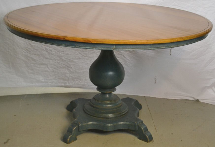 Pedestal Base Round Dining Table: Height 30 inches. Diameter 50 inches. Having a painted base & natural would round top. Property of an Upper East Side Duplex.