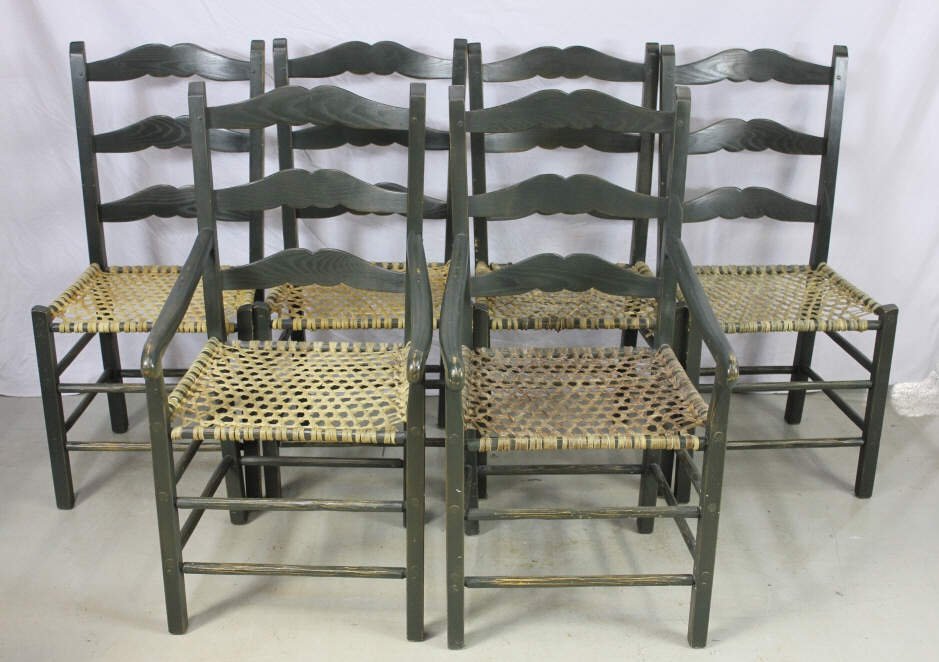 Set of 6 Painted Colonial Style Dining Chairs: Comprising 2 arm & 4 side chairs. Green paint finish hide caned seats. Height 38 inches. Depth 21 inches. Width 21 inches. Property of an Upper East Side Duplex.