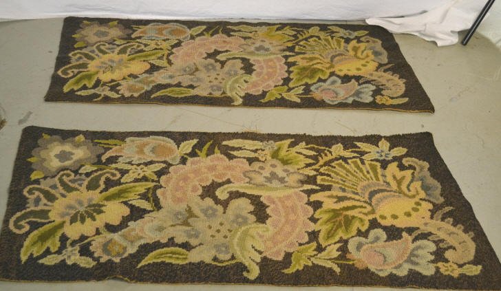 Pair French Provencal Wool Needlepoint Panels: 44 inches by 22 inches. Floral motif pattern in good condition. Property of an Upper East Side Duplex.