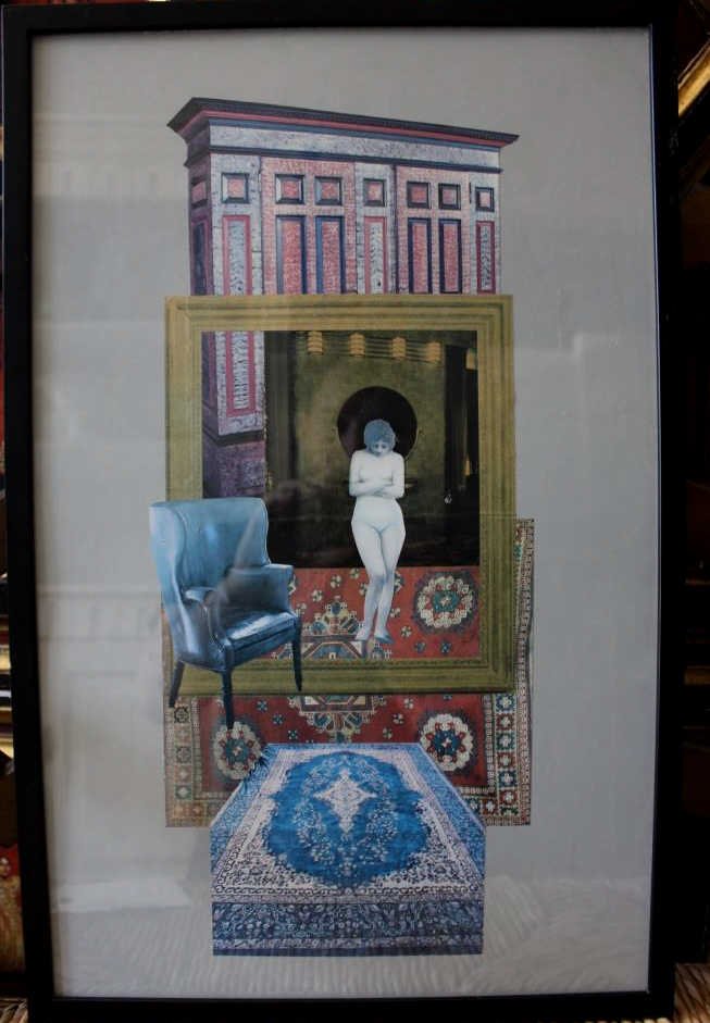 Original Collage by Reginald Case: Framed to 24 x 15 inches. Paper label attached verso "Geruchte" rumors referring to persecution of the Jews. 1978. and signed by the artist.