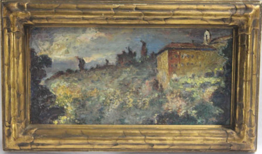 Antique Landscape Painting Newcomb Macklin Frame: Exterior measurements of frame 24 by 14 intrerior measurements of frame 18.5 by 9 inches. Signed Lower Right (possibly reading A. Feretti) High quality Arts & Crafts period frame likely by Newcomb Mac