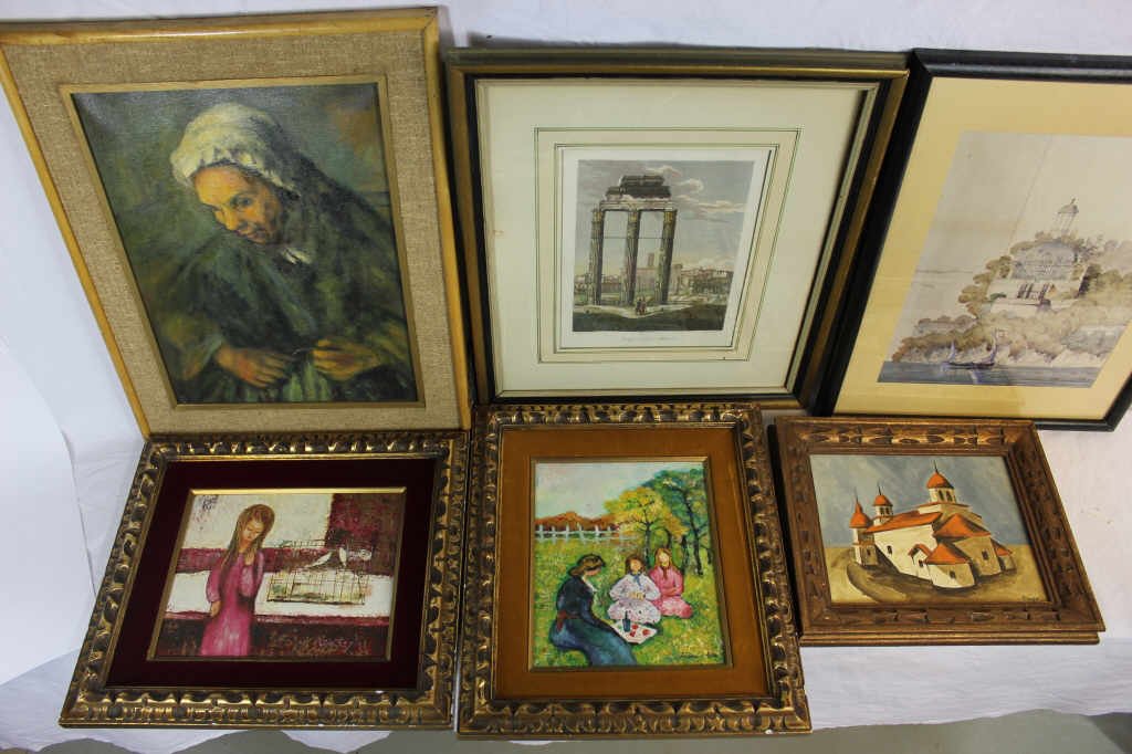 Lot of Six Paintings and Prints: Water colors Oil paintings Prints in Assorted sizes and Mediums. Property of a Scarsdale NY Estate.